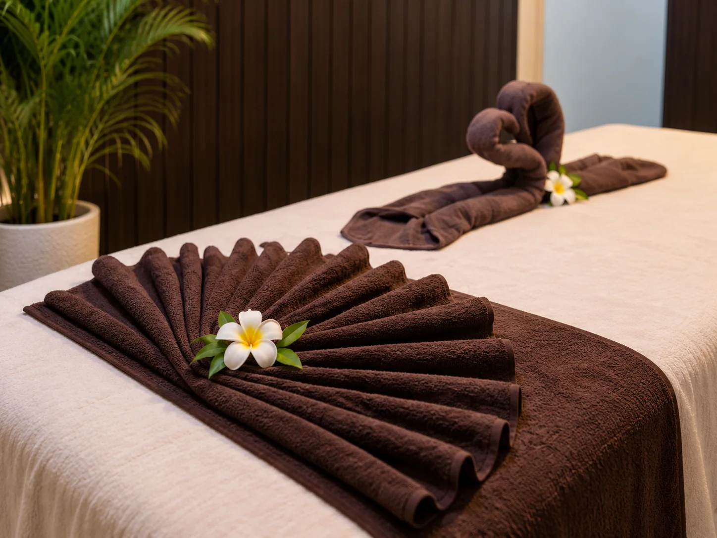 Massage bed and folded linen detail