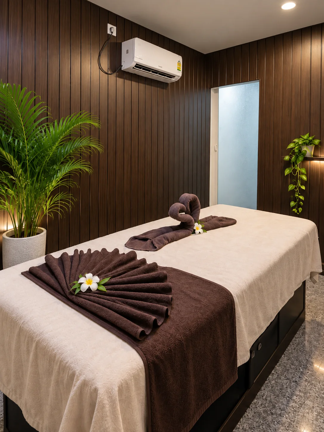 A massage room with neutral linen and dark wood at Ojas